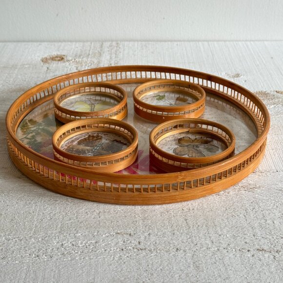 Vintage Round Bamboo Decorative Tray and Coaster Set with Butterflies and leaves - Picture 3 of 8